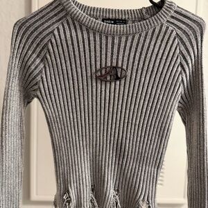 SHEIN Gray Ribbed Distressed Crewneck Sweater